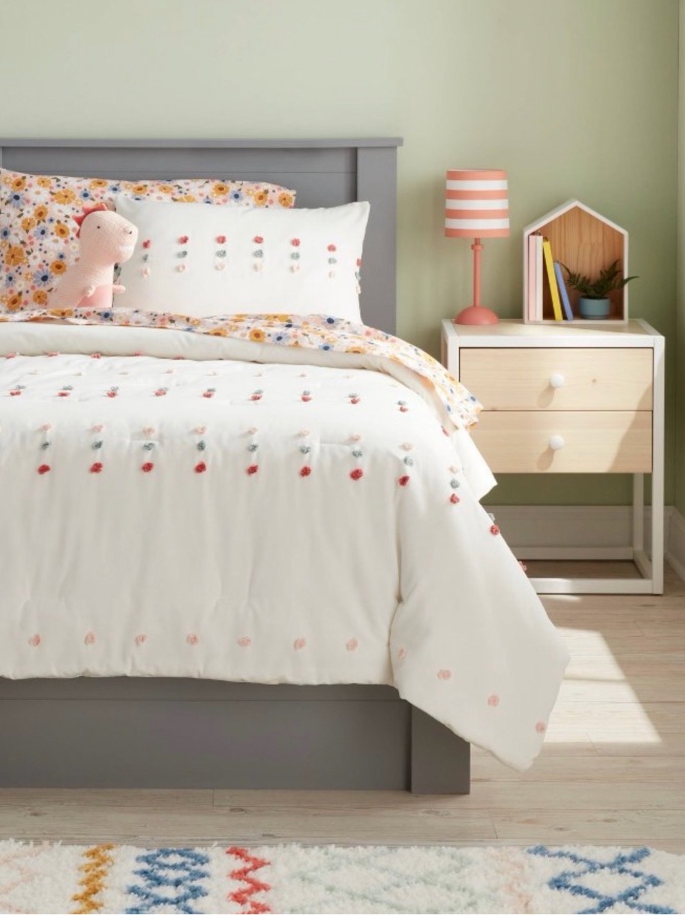 Kids’ Pillowfort White Comforter and Sham with Colorful Embroidered Polka Dots